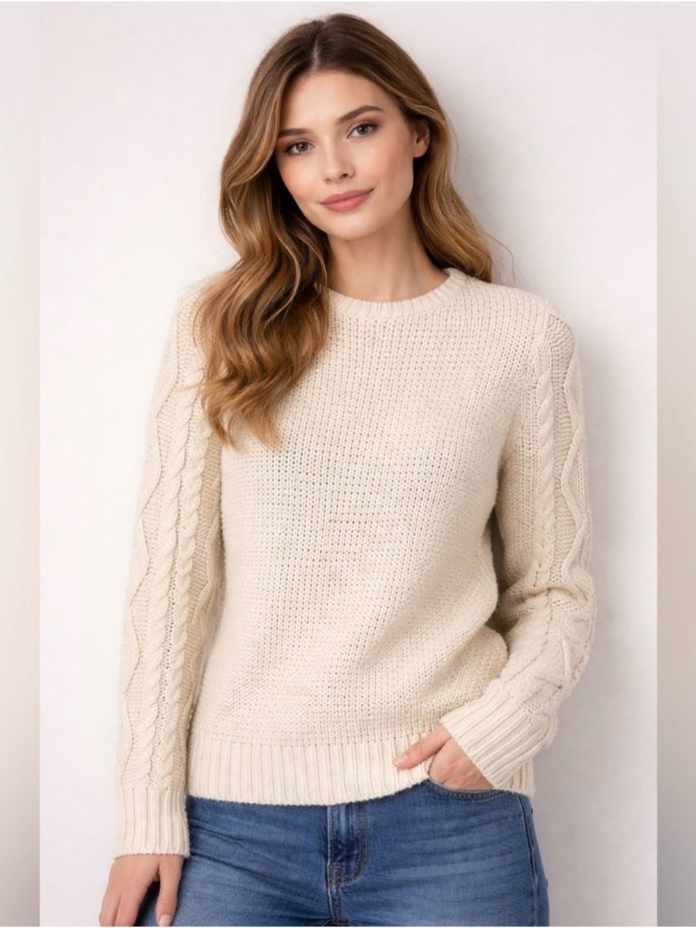 Ralph Lauren Classic Cable Sleeve Crewneck Sweater - Cream